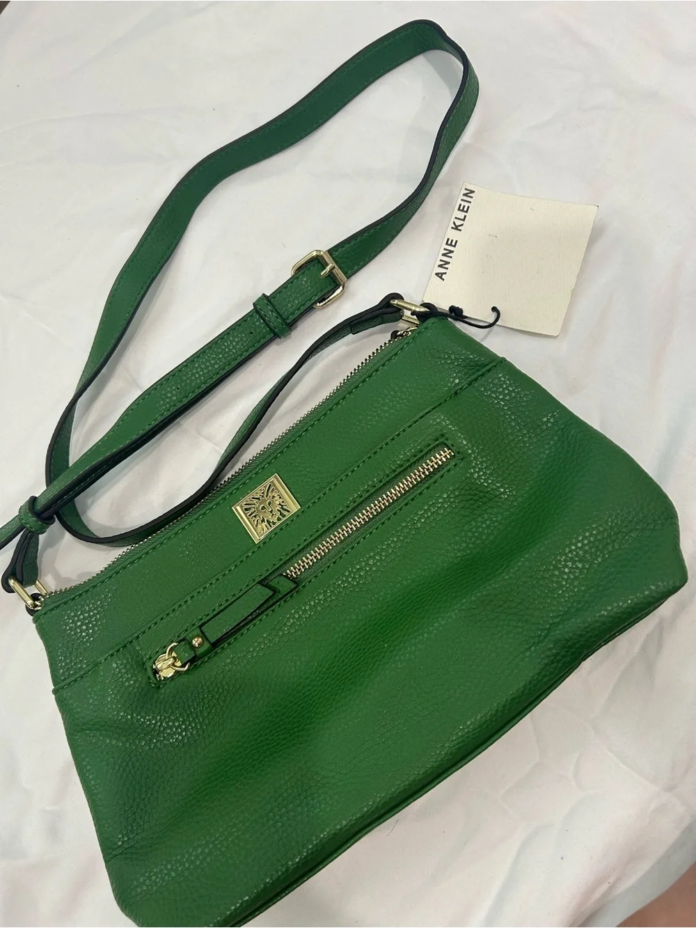Anne Klein Emerald Green Pebbled Crossbody with Gold Accents